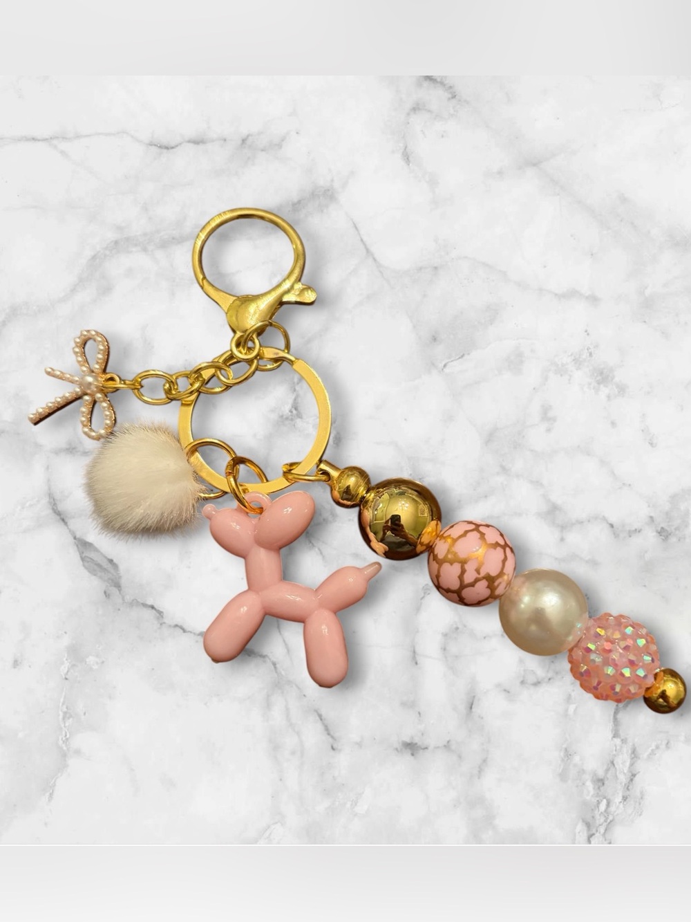 Pink Balloon Dog Bag Charm with Gold Accents